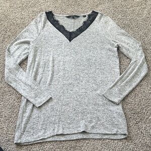 Vero Moda Gray Long Sleeve Top with Black Lace Detail